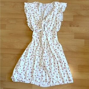 Gianni Bini White Mini Dress Flutter Sleeves Cherry Pattern Tie-Front Size S
